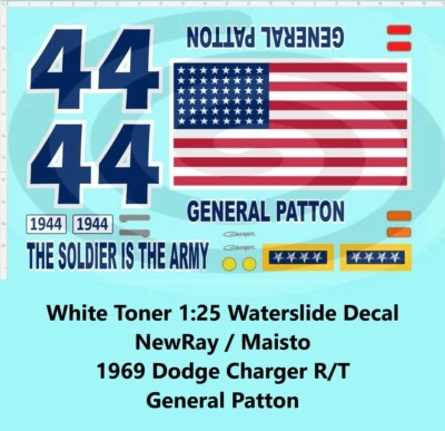 Calcomanía tobogán acuático 1969 tóner blanco 1:25 Dodge Charger R/T General Patton Foto 1 de 4
