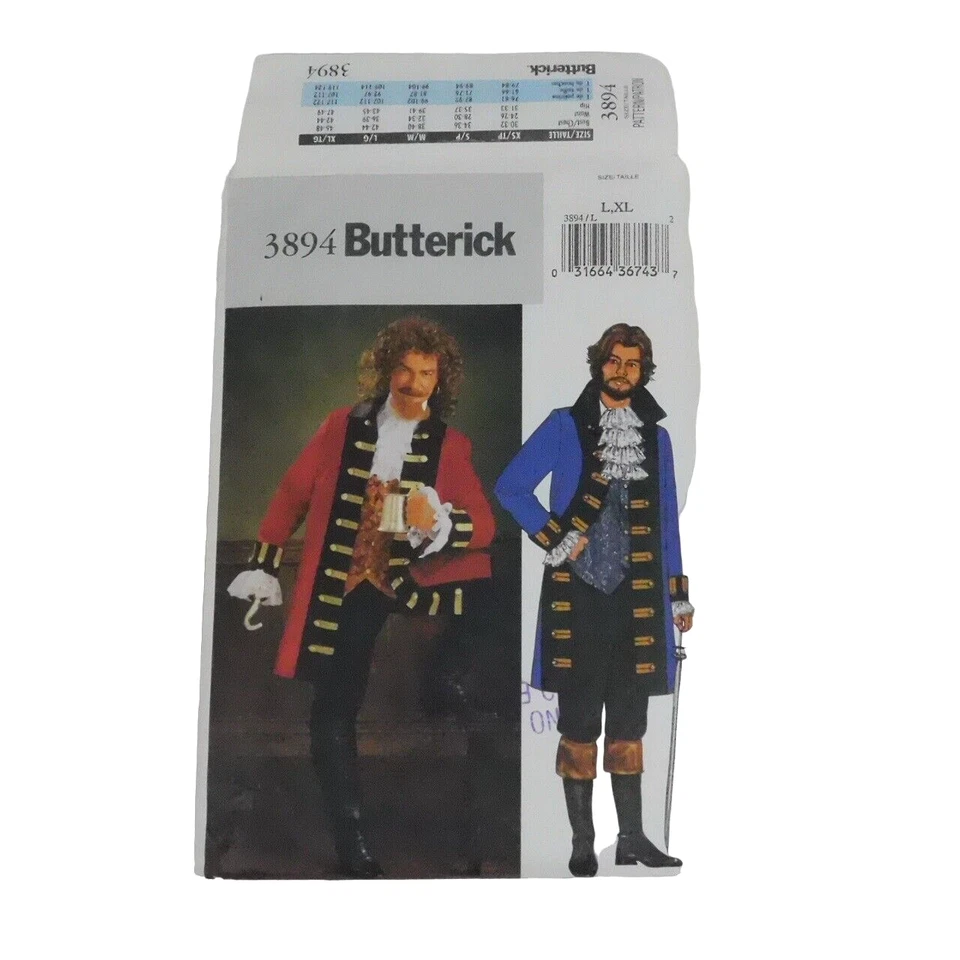 Butterick 3894 Mens Pirate Costume Sewing Pattern Sz L-XL Uncut Sherlock Holmes - Image 1 of 4