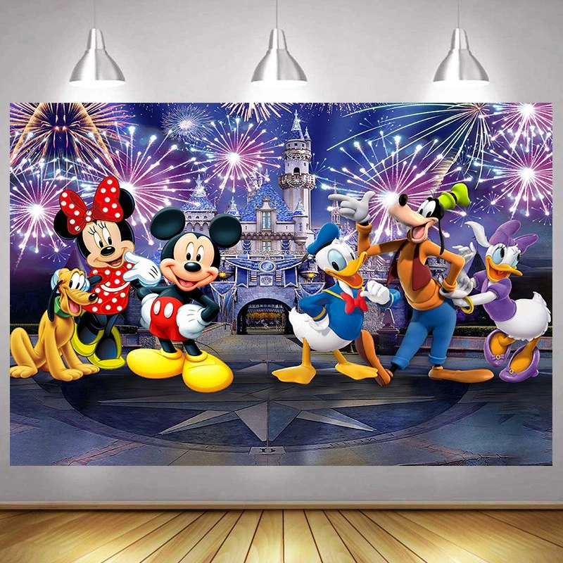 Mickey Minnie Mouse Telón de Fondo Castillo Margarita Fiesta de Cumpleaños Fondo Banner Decoración Foto 1 de 4