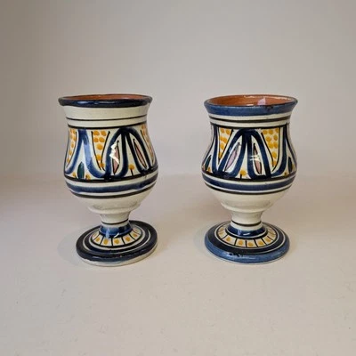Vintage Pair Of Moroccan Goblets Earthenware Glazed Studio Art Pottery Marked GC - Image 1 of 4