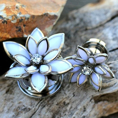 PAIR of 316L Stainless Steel White Crystal Flower Screw Fit Plug - Image 1 of 4