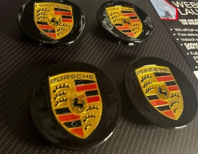 65mm Porsche Wheel Centre Caps Set of 4 – Black Gloss with Gold Crest – High - Image 1 of 2