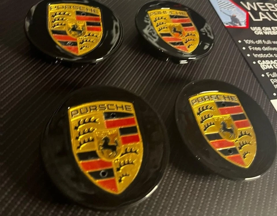 65mm Porsche Wheel Centre Caps Set of 4 – Black Gloss with Gold Crest – High - Image 1 of 2
