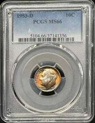 1953 D Dimes Roosevelt PCGS MS-66 Rainbow Toning - Image 1 of 2