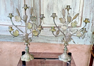 Paire de chandelier bougeoir vigne 5 feux Eglise bronze laiton XIXeme Chuch - Photo 1/4
