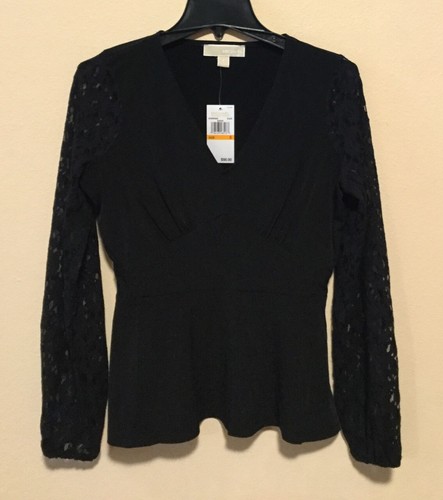 Camicetta scollo a V basic Michael Kors $98 NUOVA top nero pizzo maniche lunghe sm