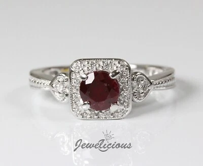 Estate 14K White Gold Natural Round Ruby and Diamonds Halo Dainty Ring - Image 1 of 4