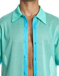 MODUS VIVENDI Retro Cotton Shirt Semi-Transparent Micro Fishnet Mint 05542 B98 - Picture 1 of 7