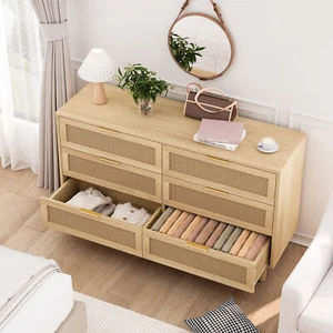 51.18"6-Drawers Rattan Storage Cabinet Rattan Drawer with White Drawer Slides - Picture 1 of 7