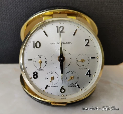 Vintage Westclox Japan Alarm Wound Up Small Display Desk Watch Clock Time Zones Cover