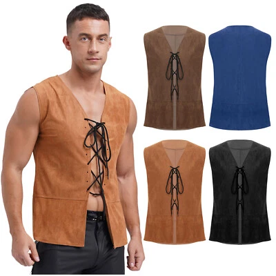 UK Mens Medieval Renaissance Vest Pirate Costume V-Neck Lace Up Gothic Waistcoat - Image 1 of 3