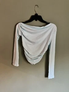 Abingo Small off shoulder light blue scrunched side sexy small long sleeve shirt - Picture 1 of 3