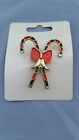 NEW VTG Crossed Green Red Enamel Candy Canes Brooch Pin Red Bow Gold Tone 1.75"