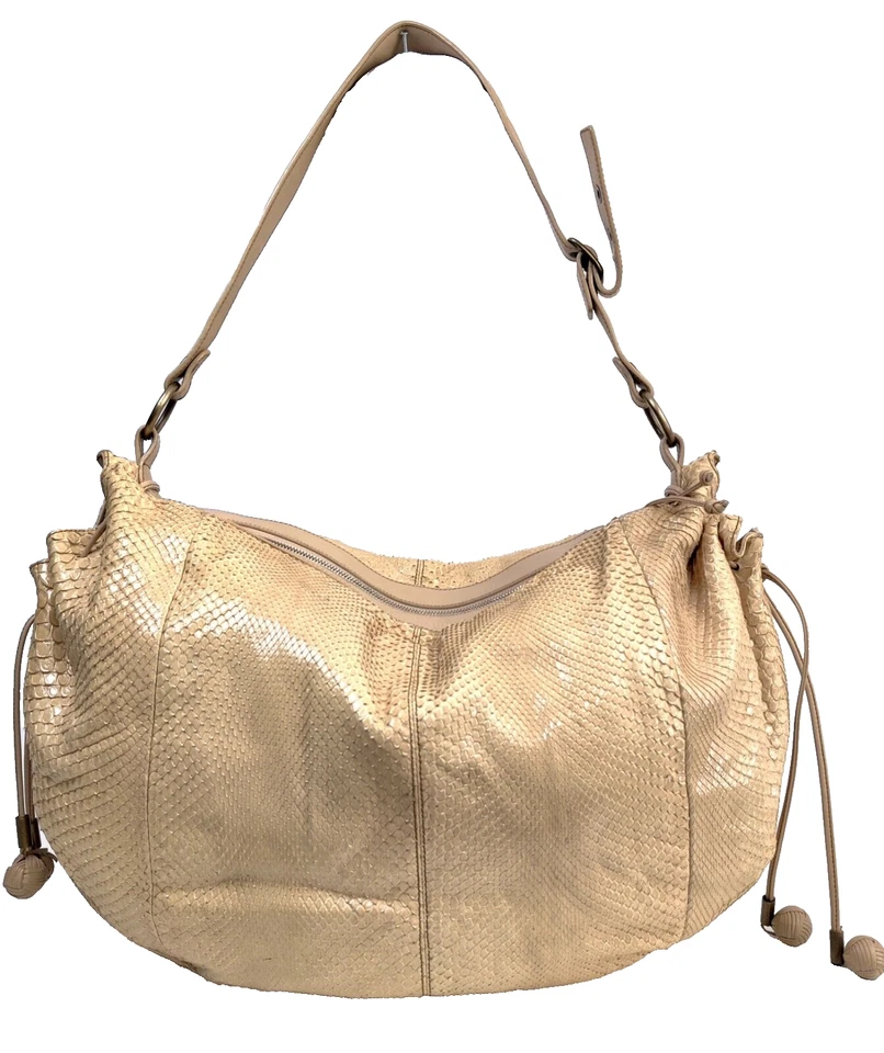 XL Tanner Krolle BEIGE PIEL DE PITÓN CUERO NEGRO GAMUZA FORRADO BOLSO DE HOMBRO HOBO Foto 1 de 4