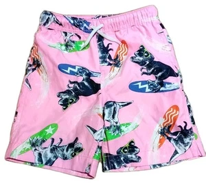 Lands’ End Boys Size XS (4-5) Dinosaur Surfing Swim Trunks. Pink, Blue. - Picture 1 of 5