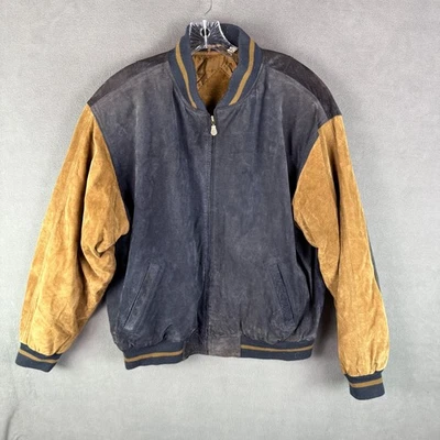 Vintage Mens Sueded Leather Bomber Jacket L Quilt Lined Grandpa Retro Elbow Pads - Image 1 of 4