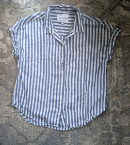 Lola River Women’s Large Short Sleeve Collared Button Blouse Blue White Stripe - Picture 1 of 7
