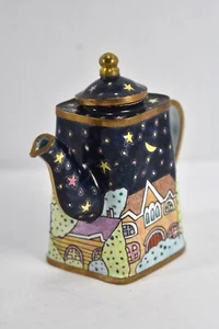 Vintage Enamel Copper night scene with house stars moon Miniature Teapot NIB - Picture 1 of 6