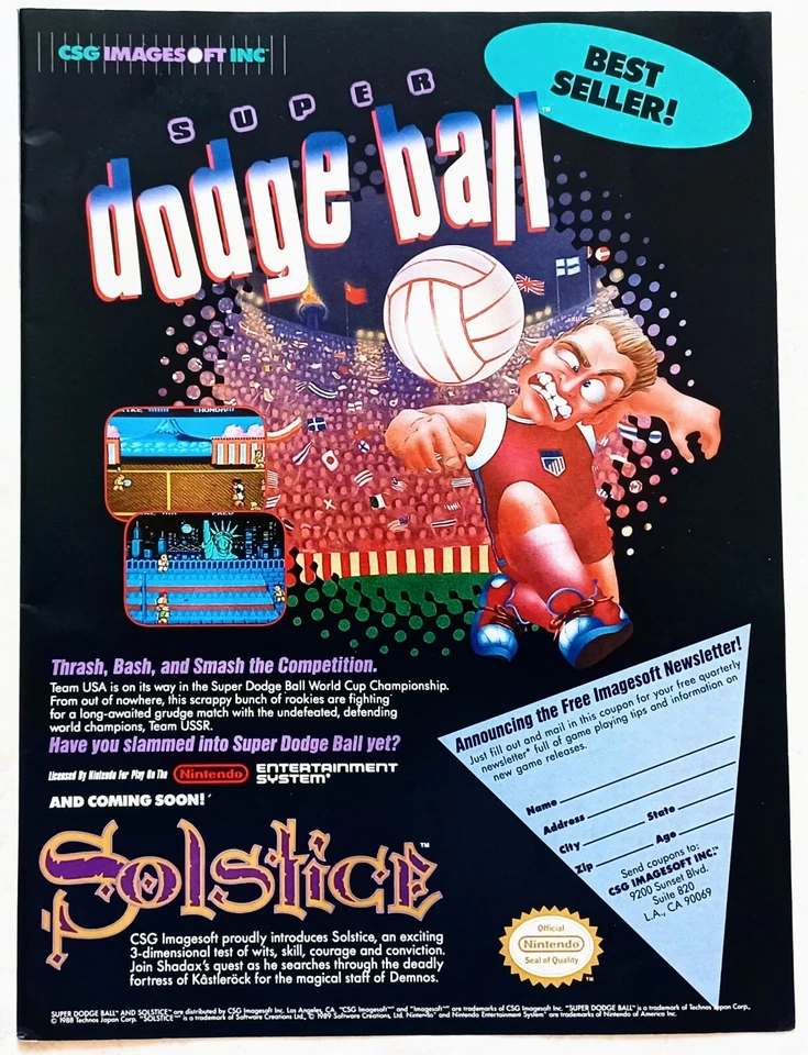 SUPER DODGE BALL SOLSTICE NINTENDO NES~1990 PROMO~PRINT AD ADVERT POSTER PINUP - Image 1 of 1