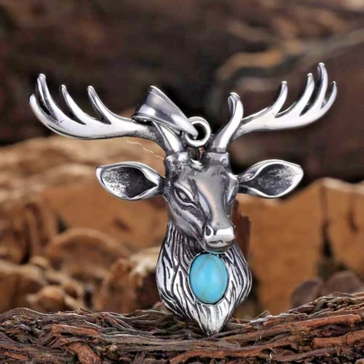 Collar con colgante de cuerno de ciervo turquesa plateado cadena para hombre joyería animal regalo Foto 1 de 4