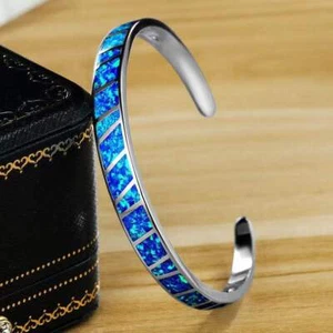 Brazalete Brazalete Ópalo de Fuego Azul Ajusta Hermoso Clásico Plata de Ley Sumergida - Imagen 1 de 5