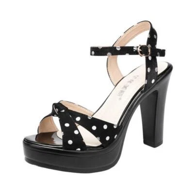Polka Dot Women's Dress Sandals Ankle Strap Shoes Chunky Heel Peep Toe Platform - Image 1 of 4