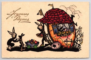 C1930 Easter Postcard Silhouette Girls w/ Bunny Ears in Fantasy Orange Egg House - Picture 1 of 2