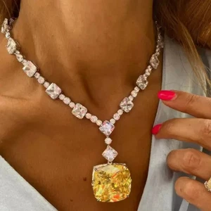 120Ct Cushion Cut Lab Created Sapphire Statement Necklace 14k White Gold Finish - Picture 1 of 18
