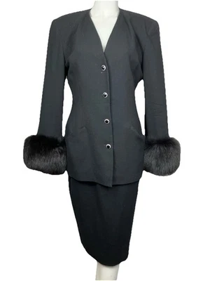 De colección Años 80 Oleg Cassini Piel de Zorro Puños Falda Traje Hombro Eléctrico Niñera Cóctel Foto 1 de 4