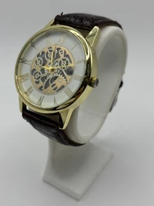 Unisex Analog Wrist Watch Gold Cogs White Face Stainless Steel Back Brown Strap - Picture 1 of 14