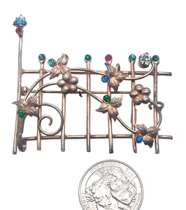 Vintage Dimensional Figural Gate Sterling Silver Brooch, Vines & Flowers - Picture 1 of 2