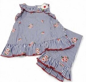 Girls 6x Blue And White Stripped Flower Embroidered Top And Pants Set - Picture 1 of 17
