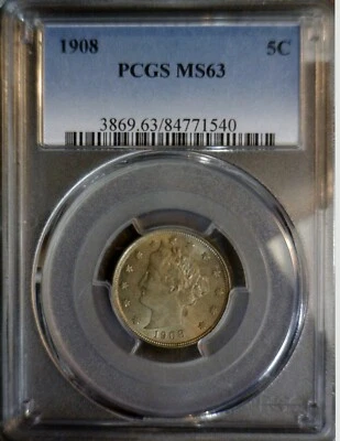 1908 ERROR PCGS MS63 Liberty Nickel CH BU Coin REPUNCHED DATE Gold Tone # RPD NR - Image 1 of 4