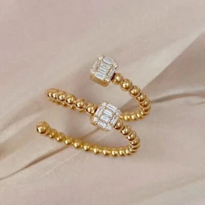 Unique Gold Bead Chain Natural Diamond Women Open Ring 14K Yellow Gold Girl Gift - Picture 1 of 4