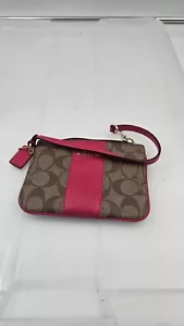 Coach Khaki PINK RUBY Signature Slim Wristlet Leather Trim Zip - Picture 1 of 2