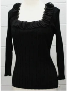 Evie Women Black Squared Ruffled Neck Long Sleeve Silk blend Knitted Sweater XL - Picture 1 of 12