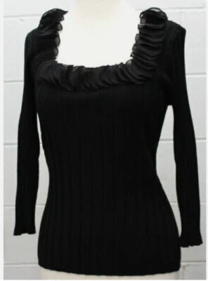 Evie Women Black Squared Ruffled Neck Long Sleeve Silk blend Knitted Sweater XL - Image 1 of 4