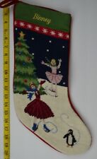 LANDS END Ice Skaters Wool Needlepoint Christmas Stocking Monogrammed BINNEY