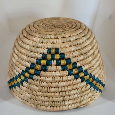 Hand Woven Coil Bowl Basket 10" Round Blue & Yellow V-Shape Cover
