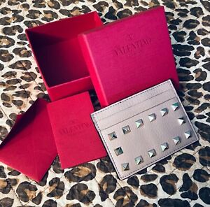 Valentino Rockstud Leather Card Holder Tan