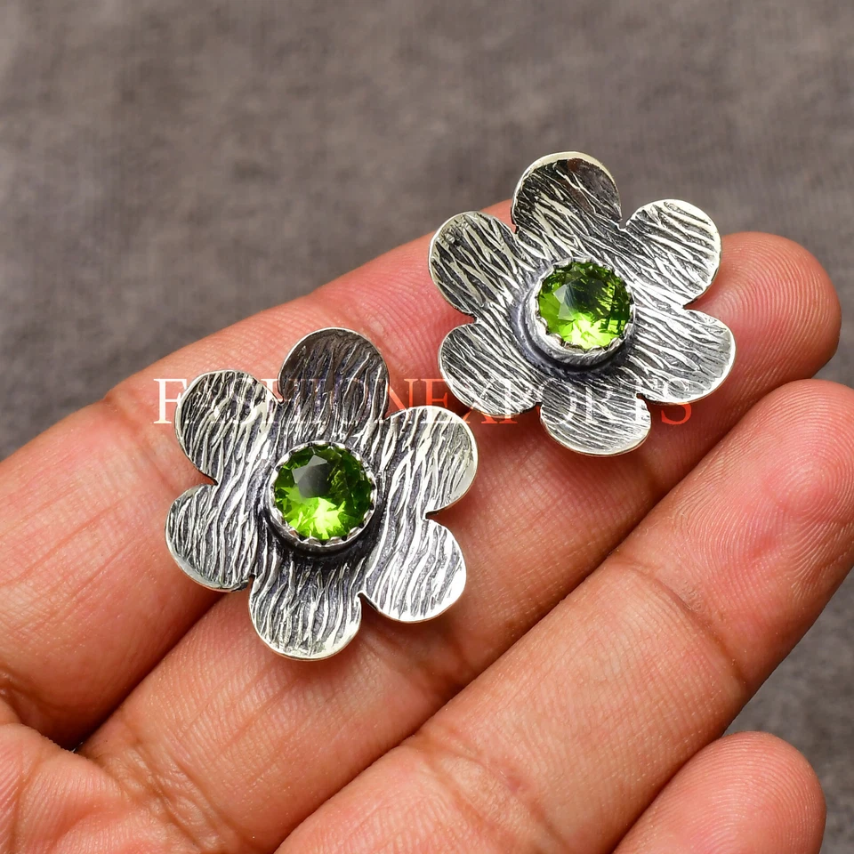 Green Peridot Earrings Gemstone Handmade 925 Sterling Silver Jewelry 0.75 in" - Image 1 of 4