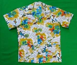 Calypso Vtg 70's Hawaiian Shirt BARBADOS BIRD LIZARD FISH Pockets Lounge Surf 8 - Picture 1 of 6