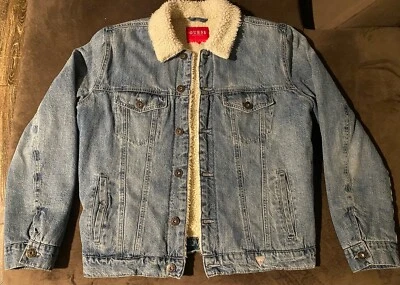 Guess Mens Coat Blue Denim Jean Jacket Sherpa Lined Size M. Stone Washed - Image 1 of 4