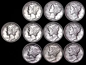 Lot of 50 Coins AU / UNC Mercury Silver Dimes Some D and S Mint FREE SHIPPING - Picture 1 of 2