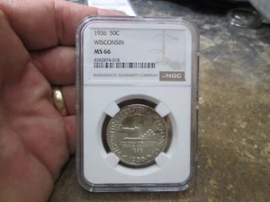 1936 WISCONSIN COMMEMORATIVE SILVER HALF DOLLAR IN NGC MS66 UNCIRCULATED - Picture 1 of 4
