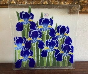 Peggy Karr Fused Art Glass Iris Flower Floral Square Platter Plate Dish - Picture 1 of 6