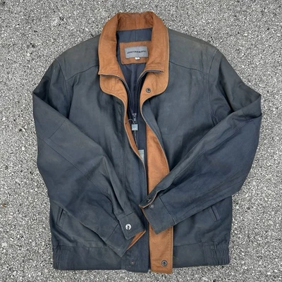 Chaqueta de cuero Johnson & Murphy para hombre 38R azul marino tabaco nueva con etiquetas 7465011 $975 venta al por menor Foto 1 de 4