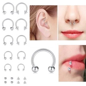5pc Steel Horseshoe Ring Nose Septum 3mm Ball Cone Lip Ear Stud Piercing 6-14mm - Picture 1 of 7