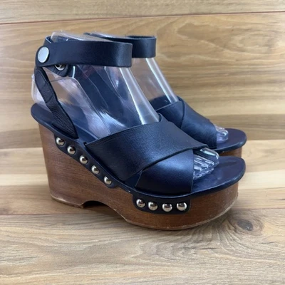 Rag & Bone Hester Wooden Wedge Sandals 6.5 EU 36.5 Navy Blue Leather Ankle Strap - Image 1 of 4