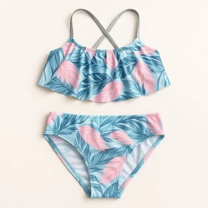 Girls Swim Set Size 15/16 Blue Pink Ruffle Bikini Tropical Print Criss Cross - Picture 1 of 2